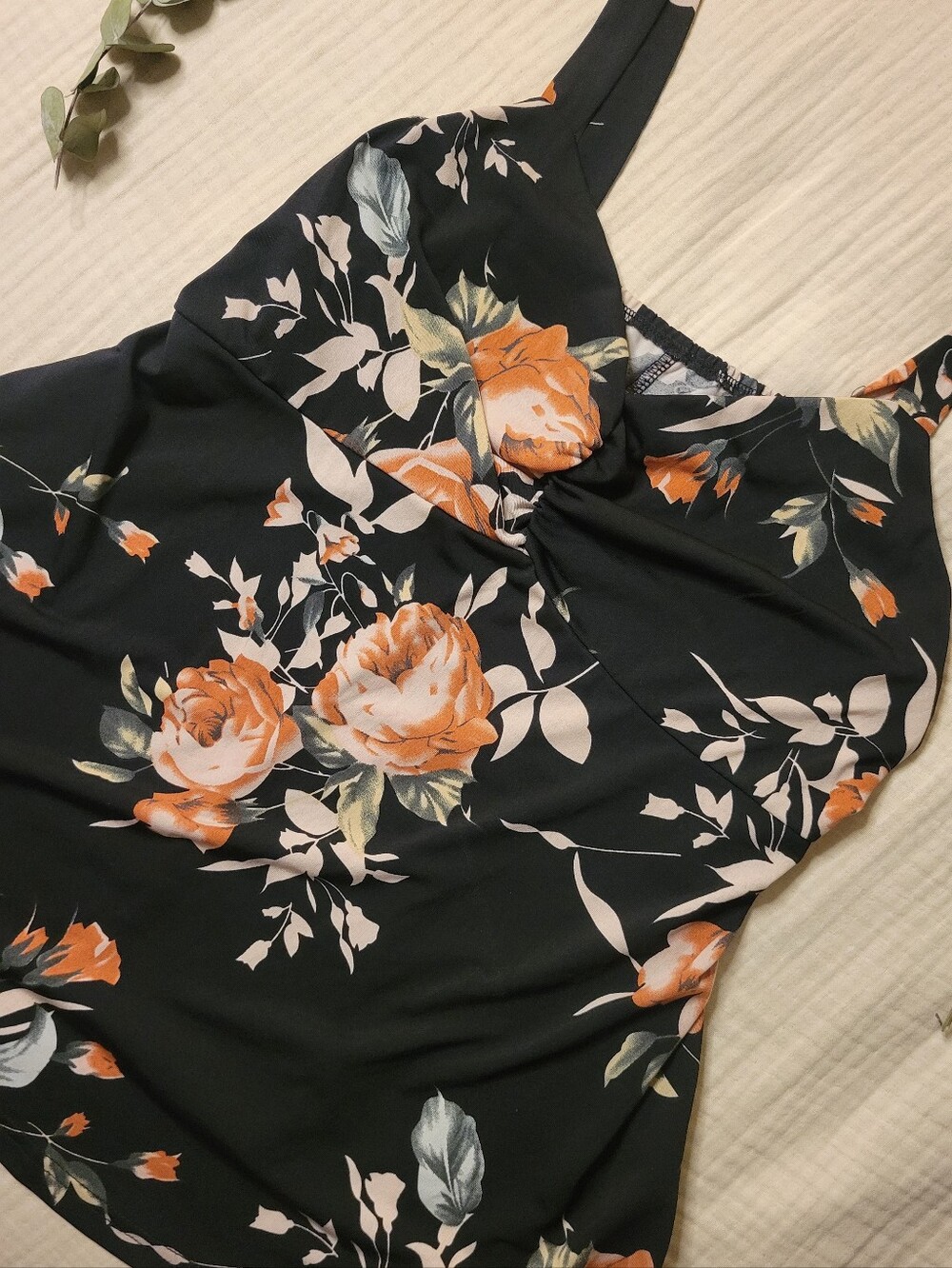 Black Floral Twist-Front Tank Top with Orange Roses